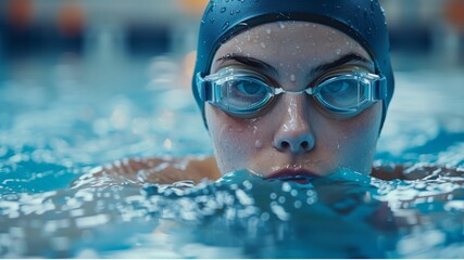 swimming, Female swimmer wearing hat and goggles on indoor swimming pool , sport, athlete, leisure, lifestyle ,coach , training, exercise, activity