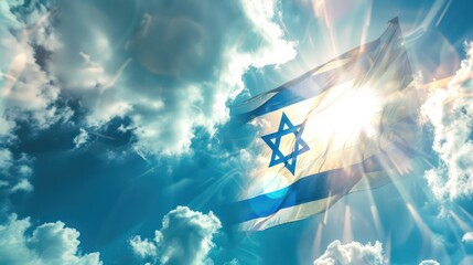 Israel flag on a background against a blue sky in the rays of the rising sun. Israel Independence Day
