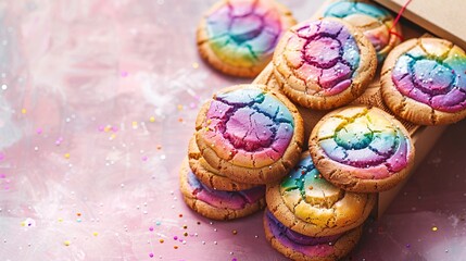 cookies in rainbow colors and gift box on table background with copy space