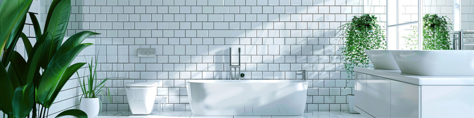 A modern bathroom with white tiles and pops of vibrant green, offering copy space for a refreshing...
