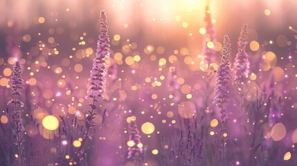   A blurred image of a lavender field with backlight illuminating the flowers from behind