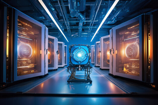 Super computadora cuántica en una instalación secreta de alta tecnología. Imagen con perspectiva y desenfoque. IA generativa.