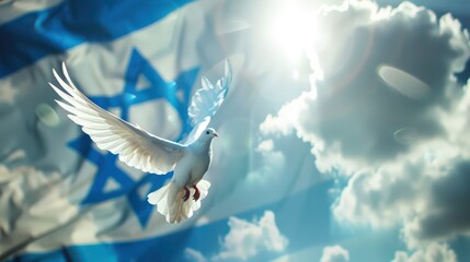 A white dove flying in the sky against the backdrop of the waving Israeli flag. Israel independence day