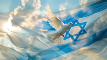 A white dove flying in the sky against the backdrop of the waving Israeli flag. Israel independence day