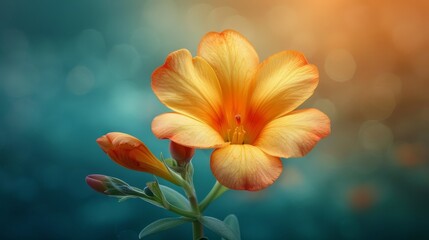   A yellow flower, focused, atop a green stem against a softly blurred backdrop of shades - blue, green, and yellow