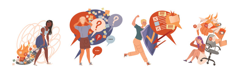 Information Stress with People Character Overload with Propaganda and Internet Social Media Fake News Vector Set