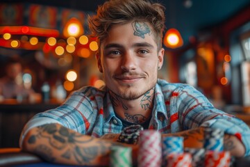 Obraz premium Tattooed man with poker chips at diner table