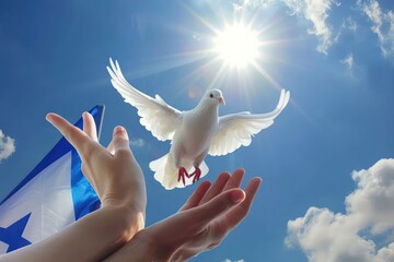 A woman's hand reaches out to a white dove against the background of the sky and the developing Israeli flag