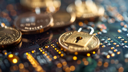 A close-up of secure online payment process with encryption symbols and padlocks