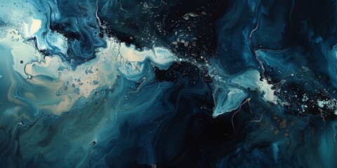 An abstract painting featuring swirling blue and white colors