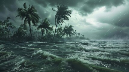 powerful hurricane winds and flooding devastate coastal island extreme weather disaster digital illustration