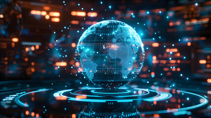 Globular earth made up of light dots on a dark background. Conceptual illustration for Earth Day. 3D sci-fi interface with holographic globe over dashboard. Holographic globe in technical computer
