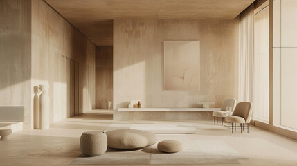 A minimalist living room with clean lines, neutral tones, and a single abstract canvas.