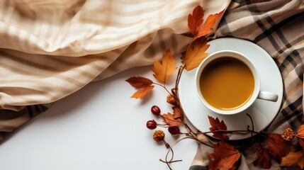 Cup of coffee with autumn leaves and plaid on white background