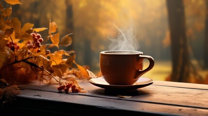 Cup of hot coffee on the wooden table in autumn forest.