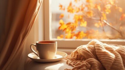 Cup of hot tea with knitted scarf on windowsill at autumn day
