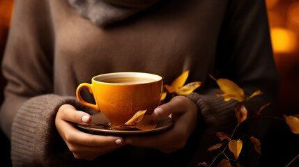 Female hands holding cup of coffee on autumn background