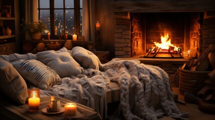 Cozy home interior with burning fireplace and cozy pillows.