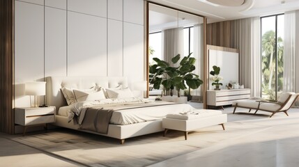 Interior of modern bedroom with white walls, tiled floor, comfortable king size bed and wooden wardrobe.