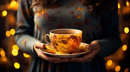 Woman holding a cup of hot tea with lemon and ginger, closeup