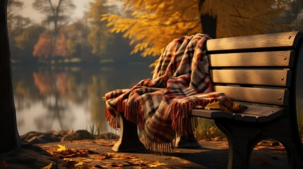 Woman sitting on a bench in the autumn park with a plaid
