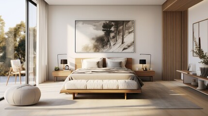 Interior of modern bedroom with white walls, wooden floor, comfortable king size bed with white cushions and pouf