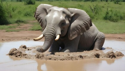 An Elephant Enjoying A Mud Bath  2 - obrazy, fototapety, plakaty