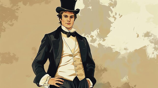 regency era gentleman in tailcoat top hat and vest historical fashion illustration