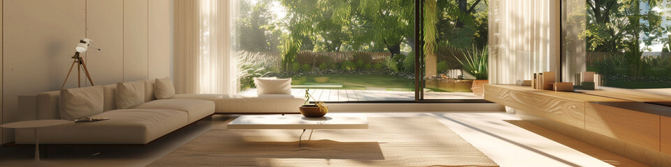 A minimalist living room with natural materials and neutral tones, accented by pops of vibrant...
