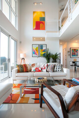A minimalist living room with a focus on clean lines and simplicity, accented by pops of bright...
