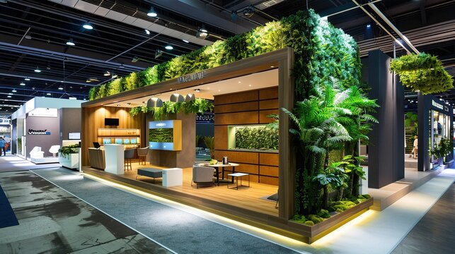 photo of a trade show booth designed to showcase products or services. Trade show booth with lush vertical gardens and wooden elements. Modern Eco-Friendly Trade Show Booth - Powered by Adobe