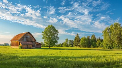 Obraz premium rustic wooden barn in idyllic countryside landscape with green meadow and blue sky rural farm scene