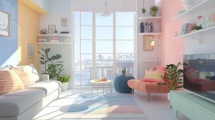 scandinavian studio apartment interior with pastel accents digital concept illustration