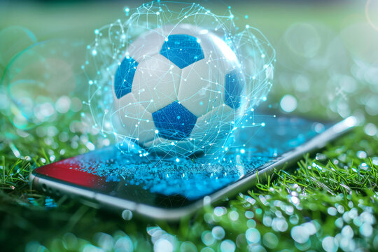 Smartphone with soccer ball and digital interface on grass field background, live streaming of football match online, powered by 5G