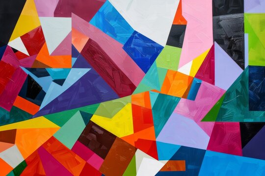 A contemporary piece featuring sharp geometric shapes in multiple colors, suggesting a sense of organized chaos and modernity