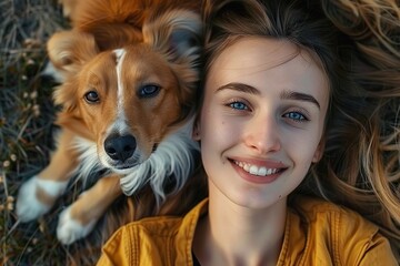 Unconditional Love Smiling Young Woman and Her Adorable Dog Cherishing a Moment of Bliss on a Lush Green Meadow