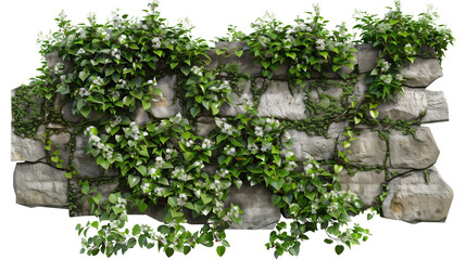 A wild, lush creeper plant covering an old stone wall, full of small flowers, isolated on transparent background