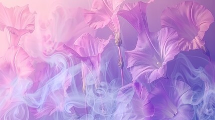   A cluster of violet blossoms with smoky emissions rising from their petal cores against a pastel backdrop of pink and blue