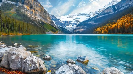 serene lake louise in banff national park turquoise waters and snowcapped mountains landscape photography