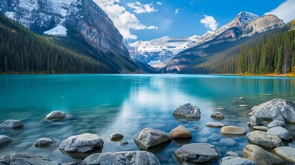 serene lake louise in banff national park turquoise waters and snowcapped mountains landscape photography