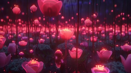   A collection of flowers illuminated at night with lights situated in their centers