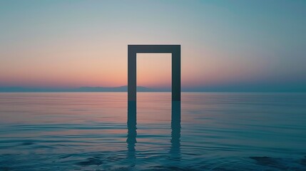 A serene seascape at twilight, with a blank frame standing tall against the horizon, capturing the essence of tranquility