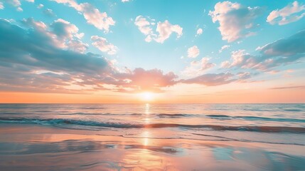 Obraz premium serene sunset sky with blue clouds tranquil beach horizon in spring evening