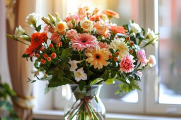 Beautiful bouquet of fresh flowers in vase indoors.
