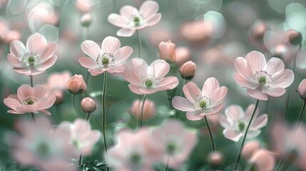   A field of pink and green flowers with a blurred backdrop of pink and white blooms