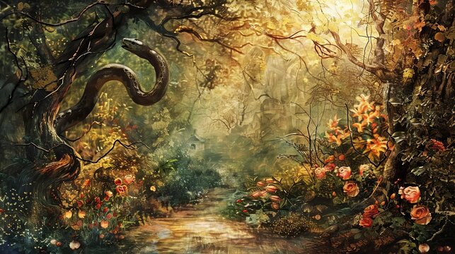 serpent tempting eve in the garden of eden biblical story of genesis digital painting