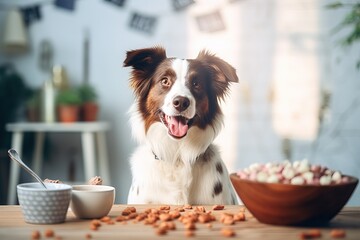 Happy domestic dog next to a bowl of food. Balanced nutrition for dogs.