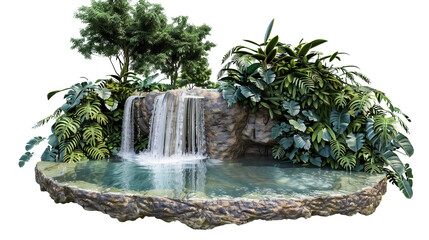 A small waterfall cascading into a crystal clear pond in a dense jungle setting, surrounded by thick foliage, isolated on transparent backgroun
