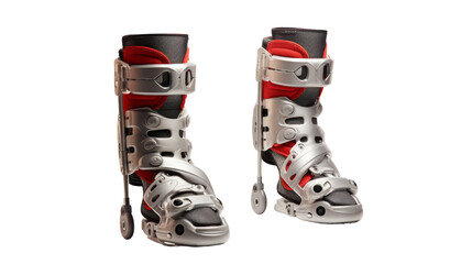 A pair of boots with wheels, one silver and one red, ready for fast-paced action