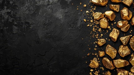 shiny gold nuggets on black background with copy space luxury business concept